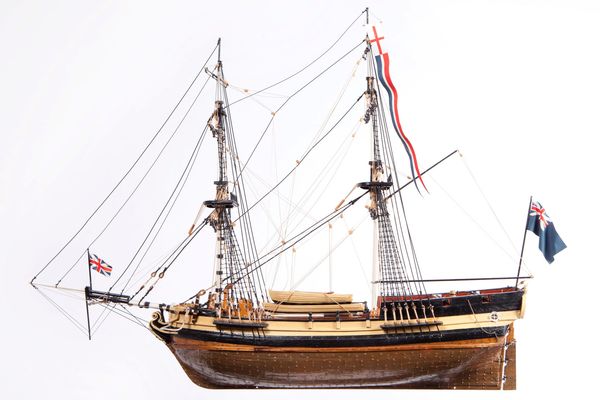 Model ship, Supply, made by Lynne and Laurie Hadley, Australia, 1997-2000, timber and paint