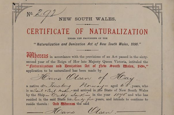 Certificate of naturalisation for Hans Olsen per "Cutty Sark", 09/04/1902