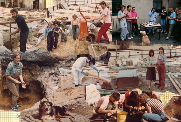 Montage of candid photographs from the 1983–84 and 1990–91 excavations at the first Government House site.