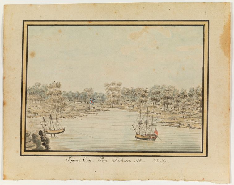 Watercolour painting of two ships on the water, with sandstone outcrop in foreground and shoreline in background.