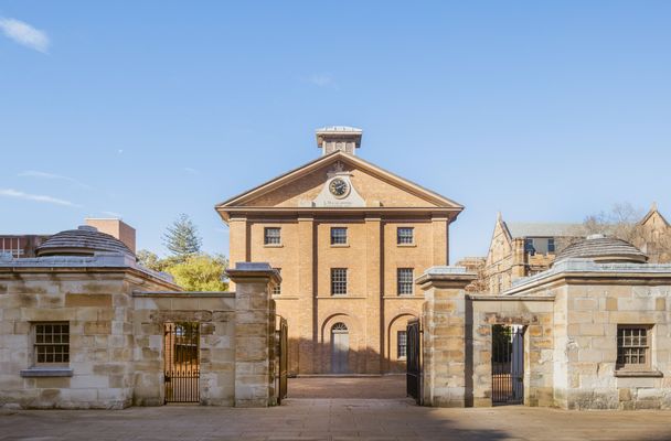 West elevation (front) of Hyde Park Barracks, from across Queens Square
